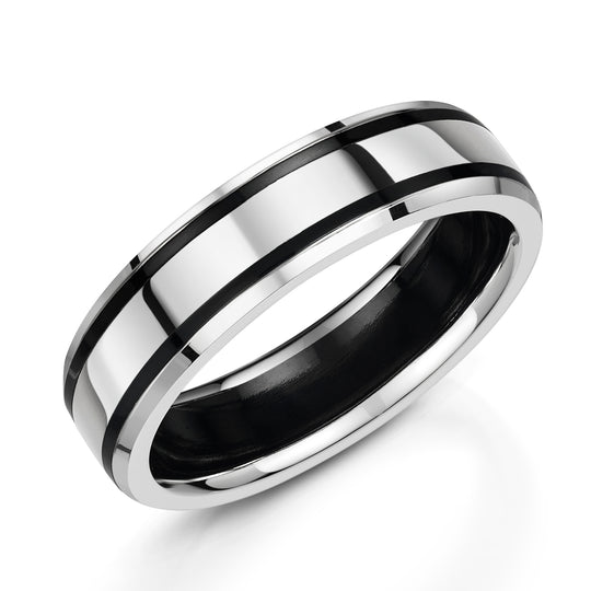 Zirconium & 9ct White Gold Striped Wedding Ring, 6mm