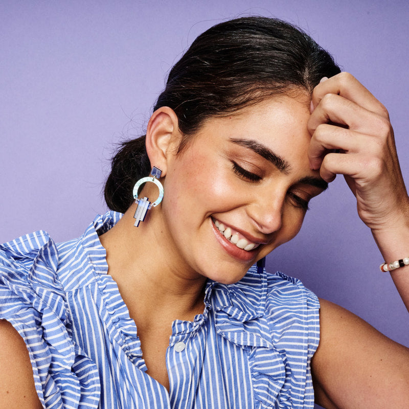 Petite Art Deco Chandelier Earrings - Silver/Blue/Green Lava - SP-757