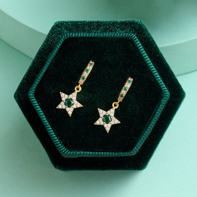 Celeste Mini Star Huggie Hoop Earrings - Emerald Green & Gold - AS22SGE25