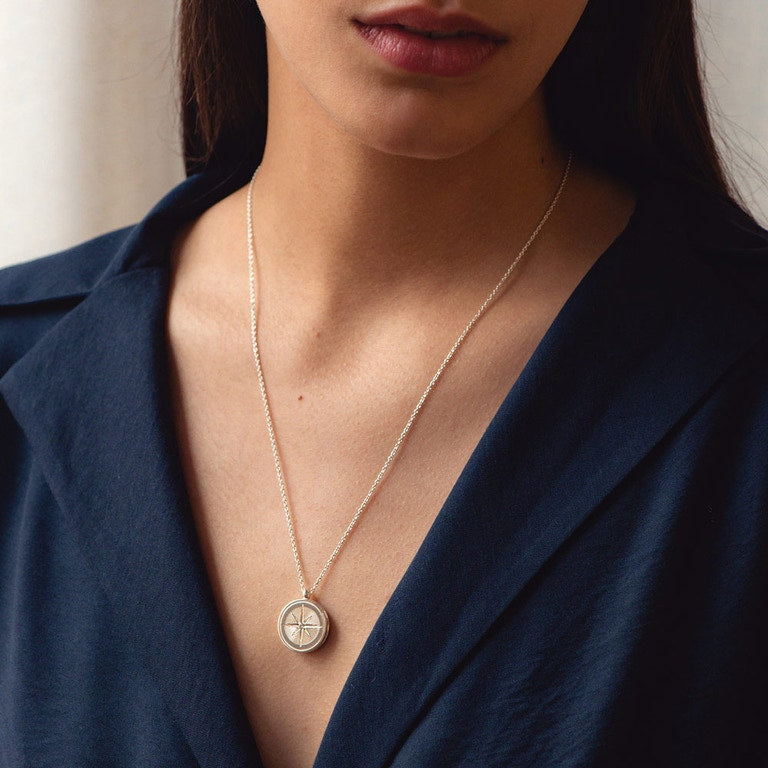 Celestial Compass Locket Necklace - Silver - 42064SNON