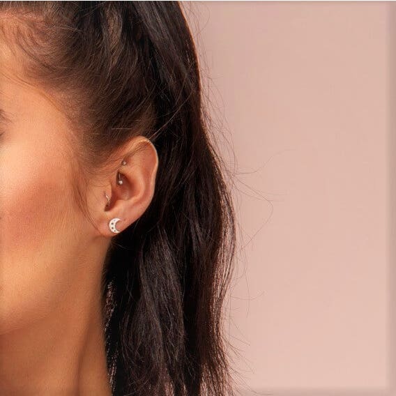 Starry Moon Stud Earrings - Silver - SEST3076