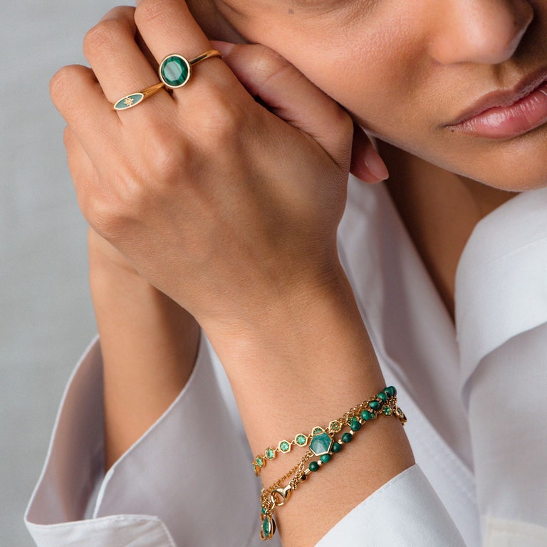 Deco Green Agate Detail Bracelet - Gold - 48008YGRB