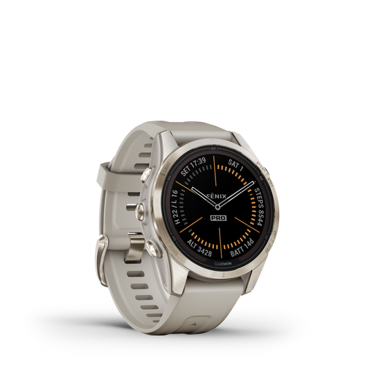 Fenix 7S Pro, Sapphire Solar Edition, 42mm - Soft Cream Gold with Limestone Grey Leather Band - 010-02776-30