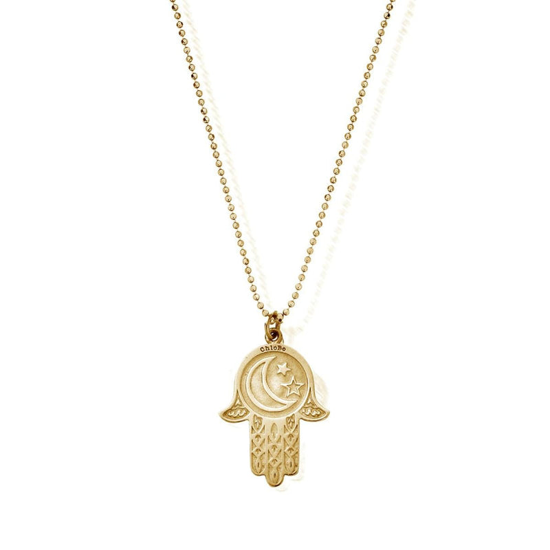 Moon & Star Hamsa Hand Pendant Necklace - Gold - GCDC1618
