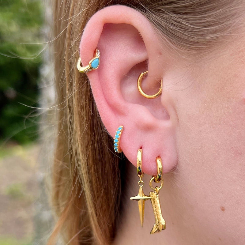 Turquoise Teardrop Huggie Hoop Earrings - Gold - SPG-382