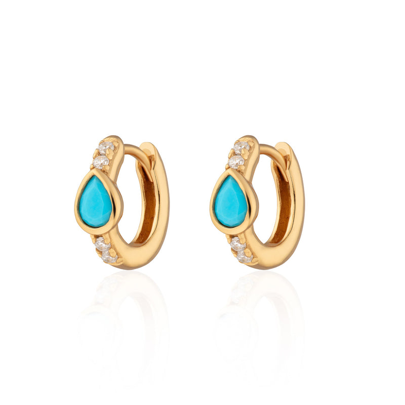 Turquoise Teardrop Huggie Hoop Earrings - Gold - SPG-382