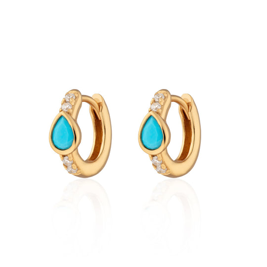 Turquoise Teardrop Huggie Hoop Earrings - Gold - SPG-382