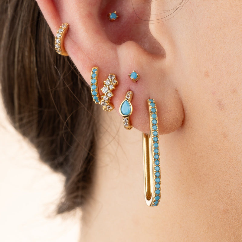 Turquoise Teardrop Huggie Hoop Earrings - Gold - SPG-382