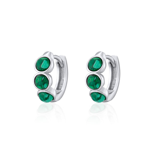 Green Malachite Huggie Hoop Earrings - Silver - SPS-14