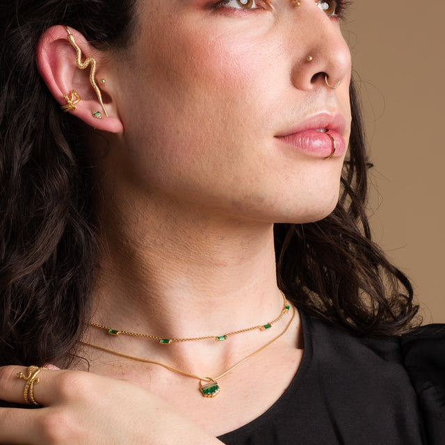 Cleopatra Green Baguette Chain Necklace - Gold - SPG-85