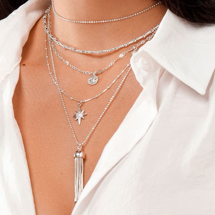 Bobble Chain Lucky Star Necklace - Silver - SNBB2066