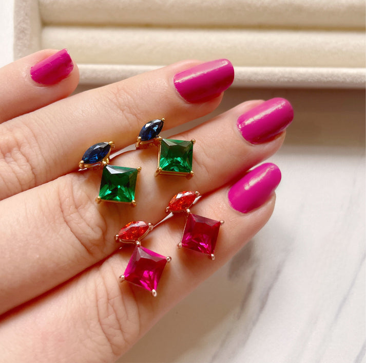 Esme Statement Emerald/Sapphire Stud Earrings - Gold - AS22TRE28