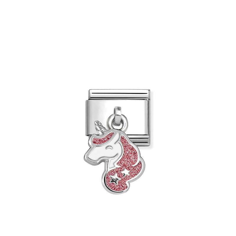 Composable Classic Pink Glitter Unicorn Pendant Link - Silver - 331805/20