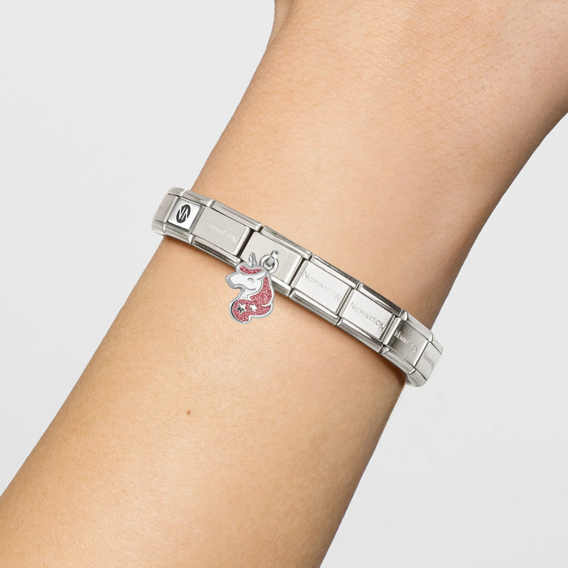 Composable Classic Pink Glitter Unicorn Pendant Link - Silver - 331805/20