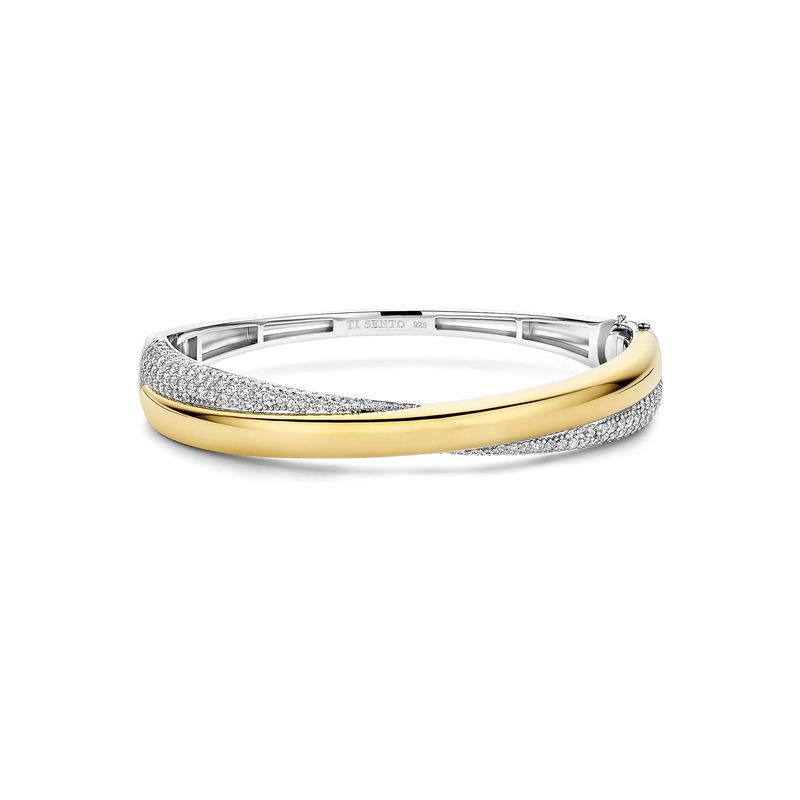 Bold Zirconia Crossover Bangle - Silver/Gold - 23090ZY