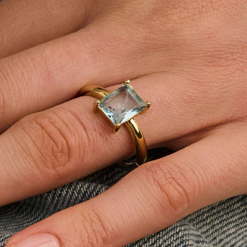 Rectangular Light Blue Zirconia Ring - Gold - 12420TY