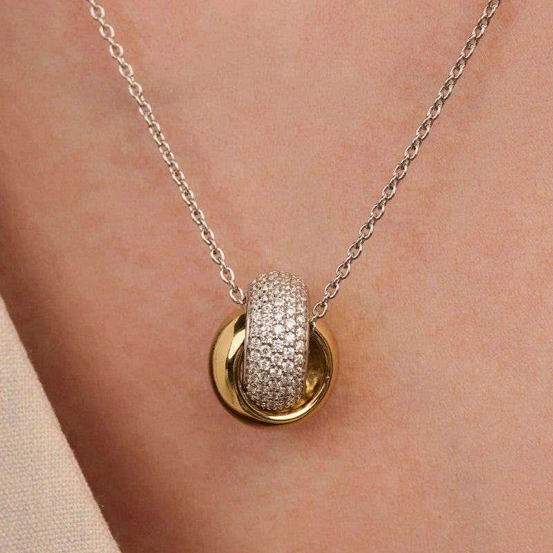 Bold Zirconia Crossover Necklace - Silver/Gold - 34118ZY/42
