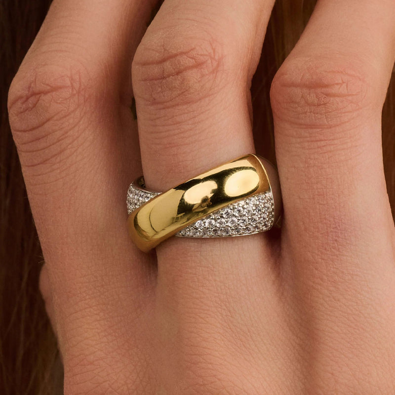 Bold Zirconia Crossover Ring - Gold/Silver - 12404ZY