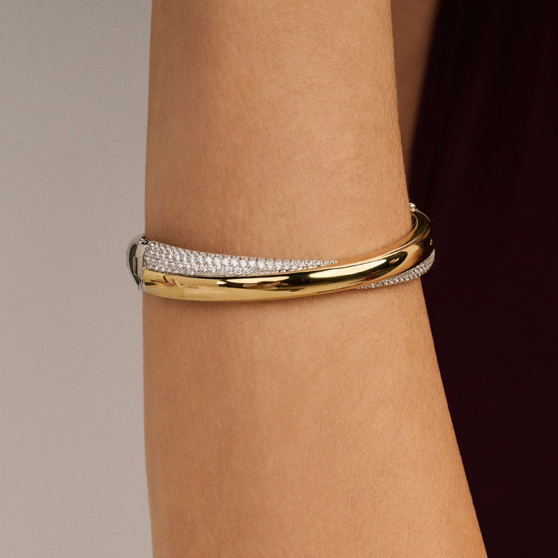Bold Zirconia Crossover Bangle - Silver/Gold - 23090ZY