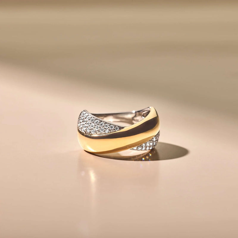 Bold Zirconia Crossover Ring - Gold/Silver - 12404ZY
