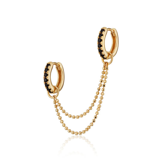 Black Stone Double Chain Huggie Earring - Gold - SPG-25009-52