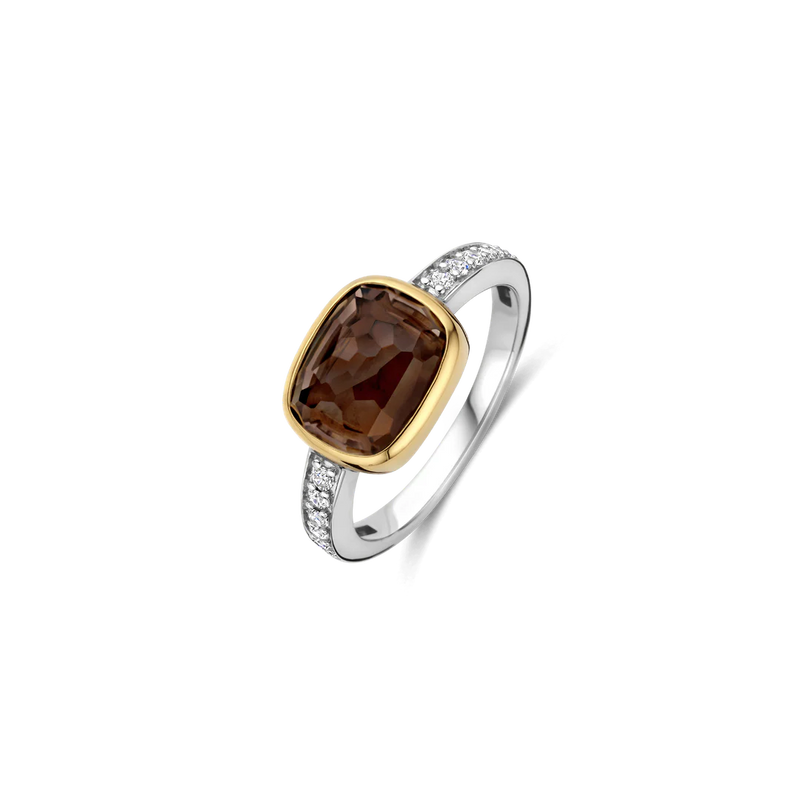 Smokey Brown Zirconia Cushion Ring - Gold/Silver - 12398SQ
