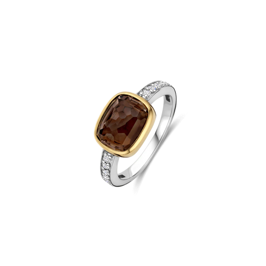Smokey Brown Zirconia Cushion Ring - Gold/Silver - 12398SQ