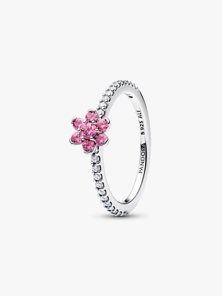 Sparkling Pink Flower Ring - Sterling Silver - 194499C02