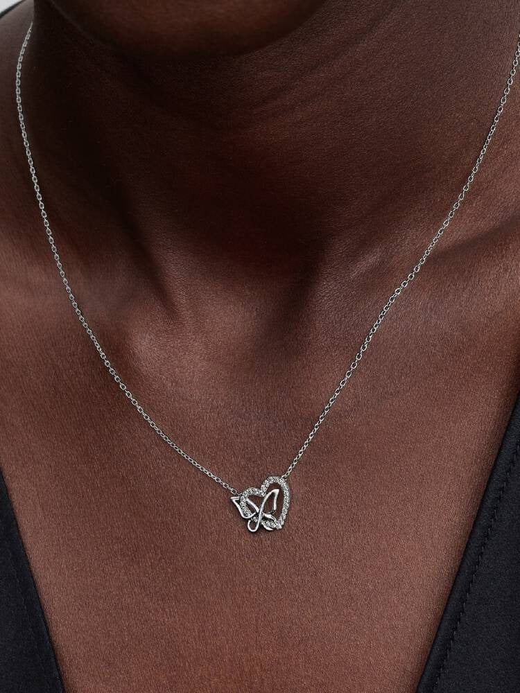 Entwined Heart & Butterfly Pendant Necklace - Sterling Silver - 394477C01-45