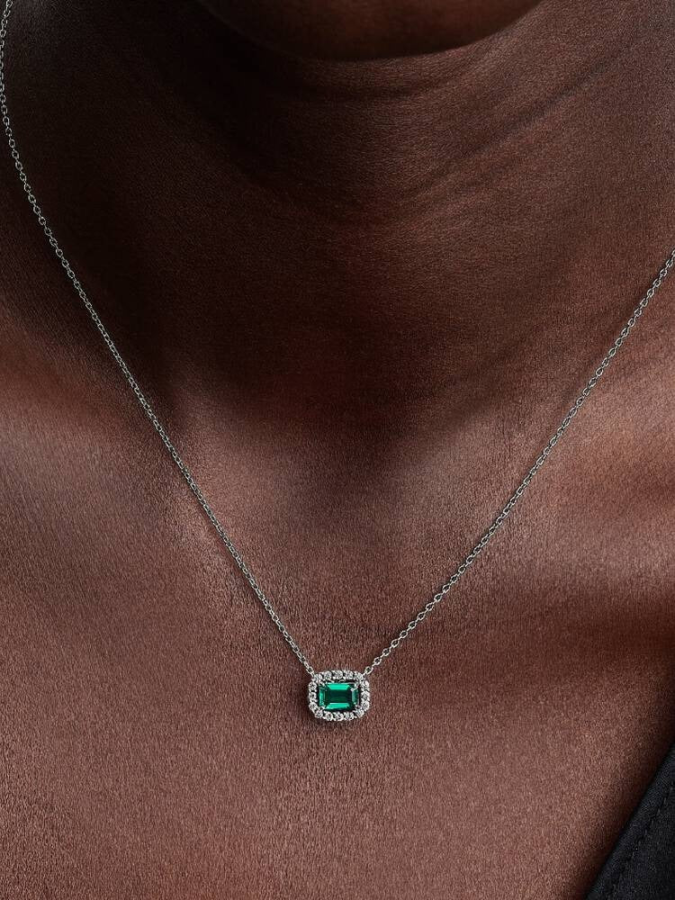 Rectangular Sparkling Green Halo Pendant Necklace - Sterling Silver - 394503C01-45