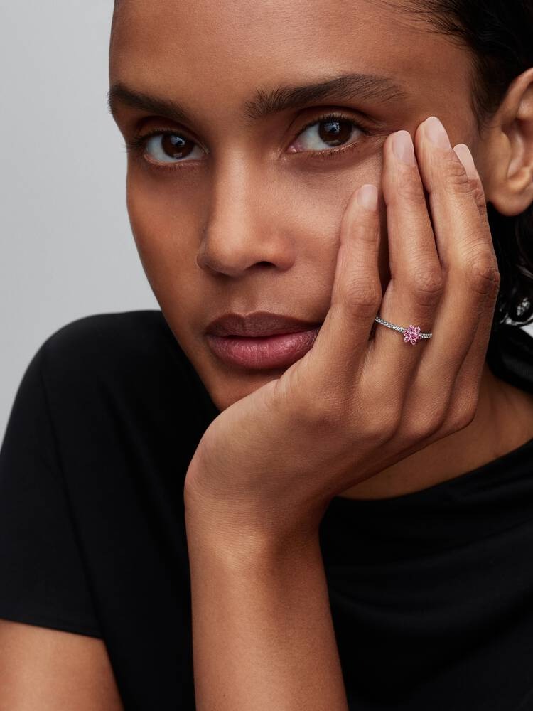 Sparkling Pink Flower Ring - Sterling Silver - 194499C02