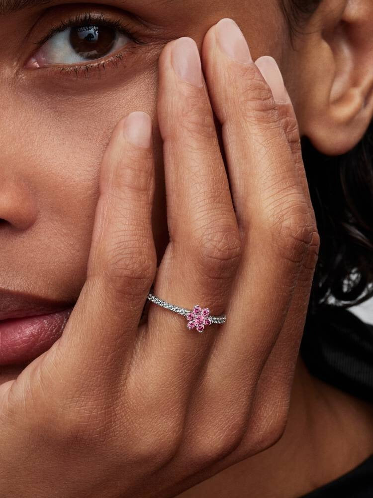 Sparkling Pink Flower Ring - Sterling Silver - 194499C02