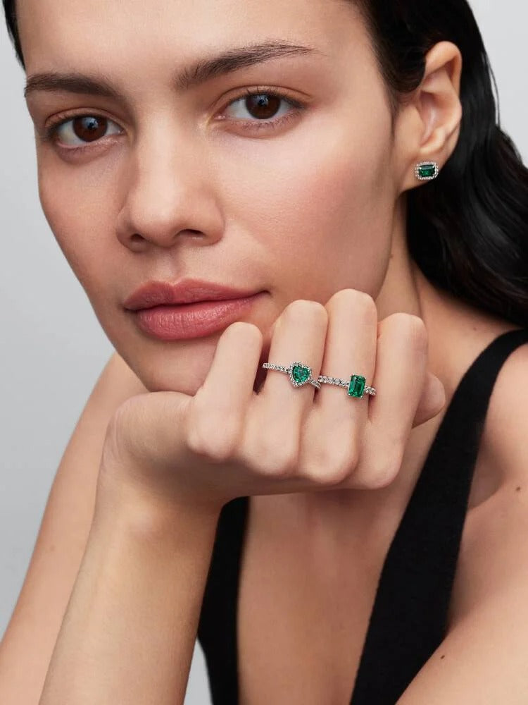Sparkling Rectangular Stud Earrings, Royal Green - Sterling Silver - 294501C01