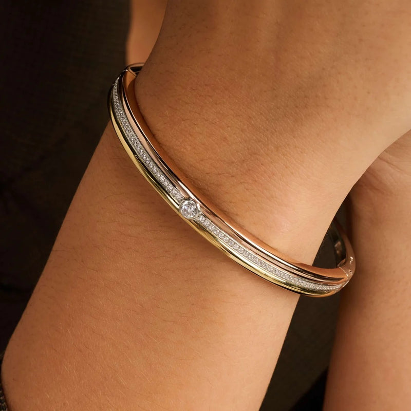 Contrast Tricolor Zirconia Bangle - Silver/Gold/Rose