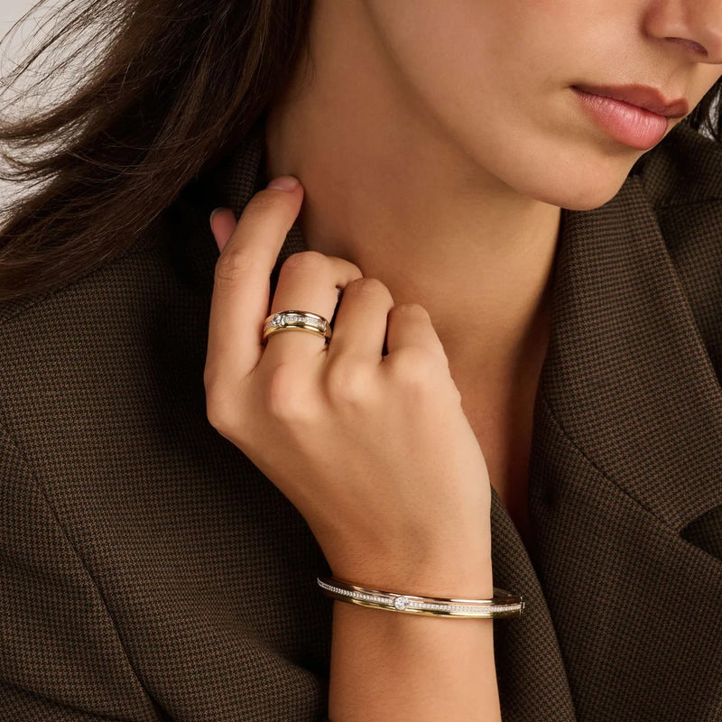 Contrast Tricolor Zirconia Bangle - Silver/Gold/Rose