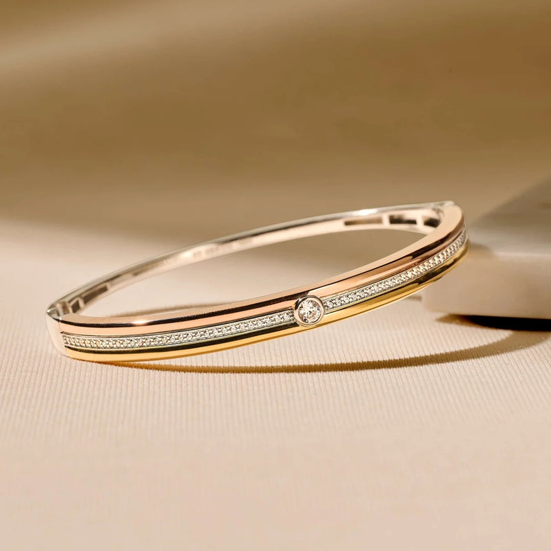 Contrast Tricolor Zirconia Bangle - Silver/Gold/Rose