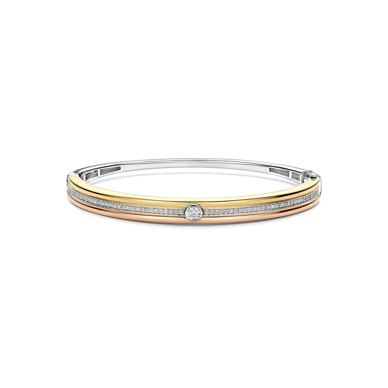 Contrast Tricolor Zirconia Bangle - Silver/Gold/Rose