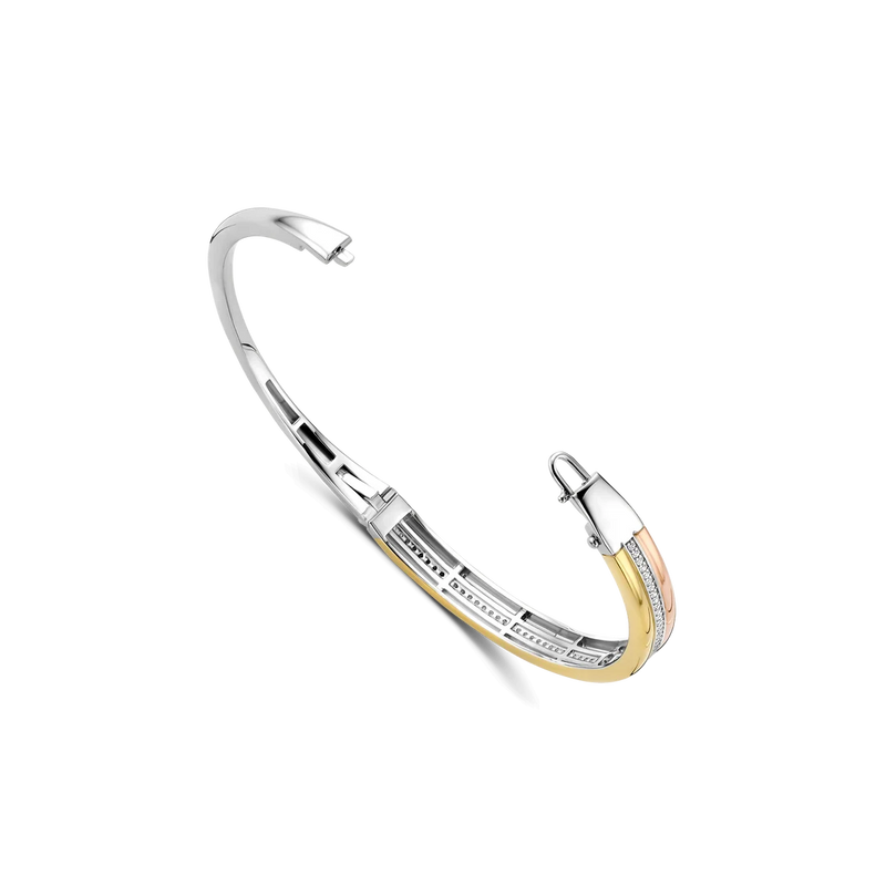 Contrast Tricolor Zirconia Bangle - Silver/Gold/Rose