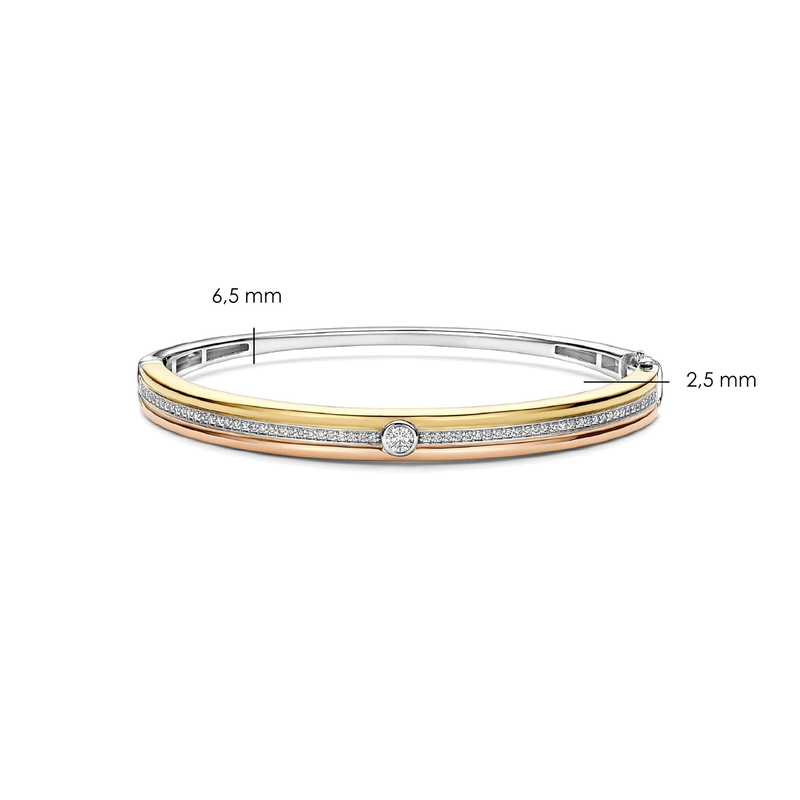 Contrast Tricolor Zirconia Bangle - Silver/Gold/Rose