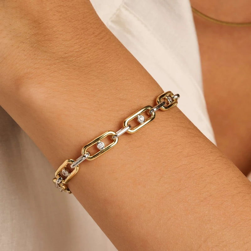 Chunky Open Link Bracelet with Round Zirconia - Silver/Gold