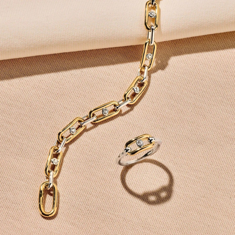 Chunky Open Link Bracelet with Round Zirconia - Silver/Gold