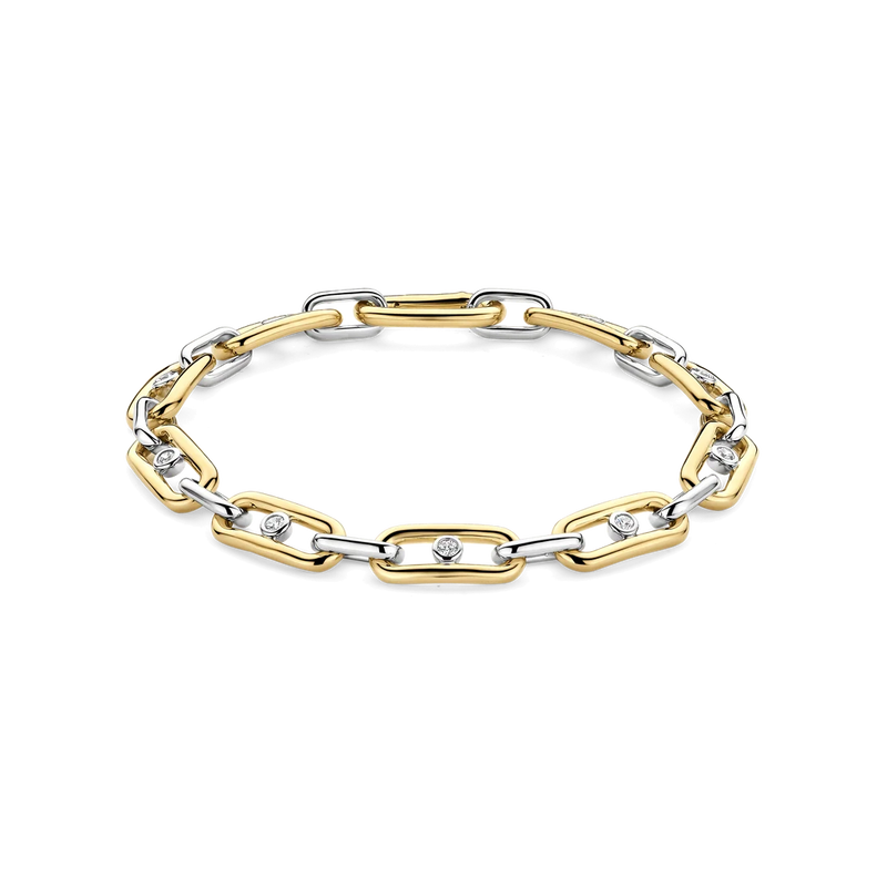 Chunky Open Link Bracelet with Round Zirconia - Silver/Gold