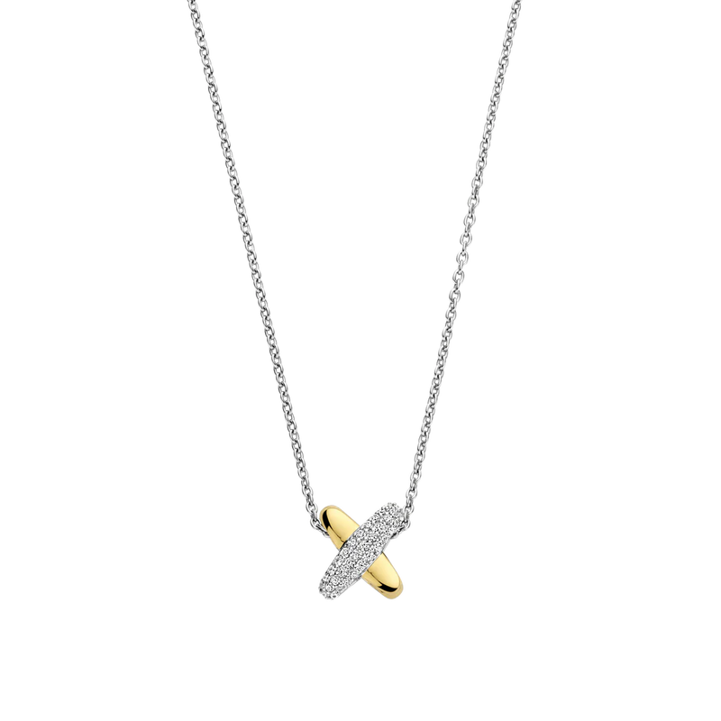 Crossed Link CZ Pendant - Silver/Gold - 34003ZY/42