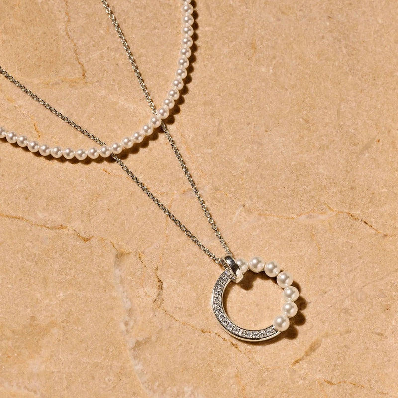 Pearl Zirconia Circle Necklace - Silver