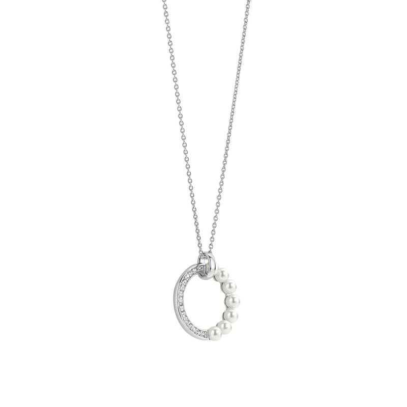 Pearl Zirconia Circle Necklace - Silver