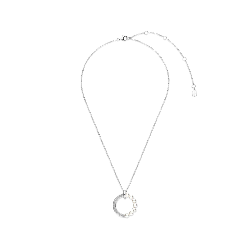 Pearl Zirconia Circle Necklace - Silver