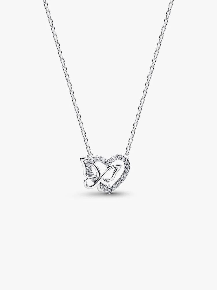 Entwined Heart & Butterfly Pendant Necklace - Sterling Silver - 394477C01-45