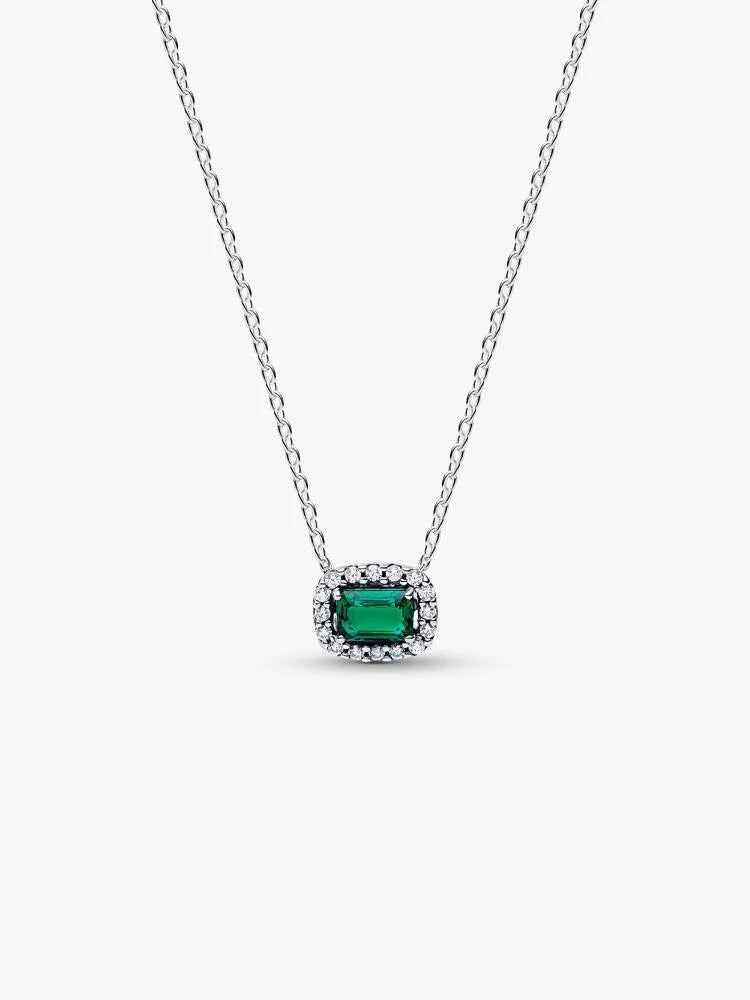 Rectangular Sparkling Green Halo Pendant Necklace - Sterling Silver - 394503C01-45