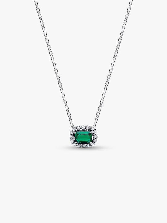 Rectangular Sparkling Green Halo Pendant Necklace - Sterling Silver - 394503C01-45