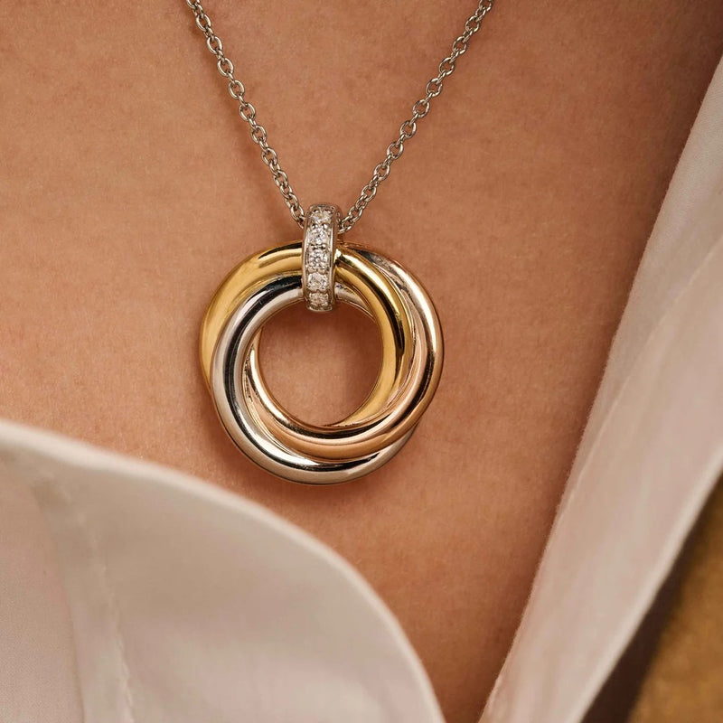Milano Tricolour Interlocking Rings Pendant Necklace - Gold/Silver/Rose - 3972ZT/42